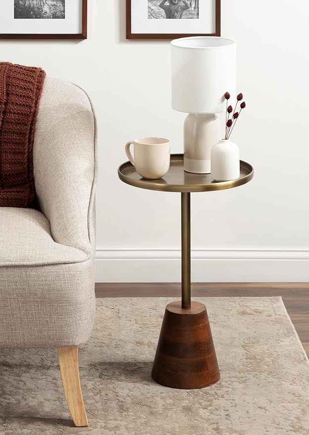 Kate and Laurel Tira Elegant Round Side Table, 14 x 24, Brass and Walnut Brown - Image 2