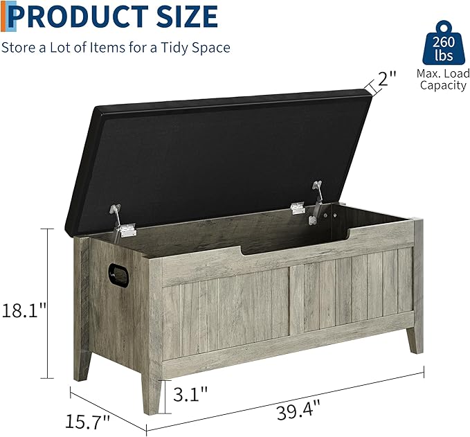 GAOMON Storage Bench with Padded Seat, 39.4” Wooden Chest Storage Box with 2 - Image 3