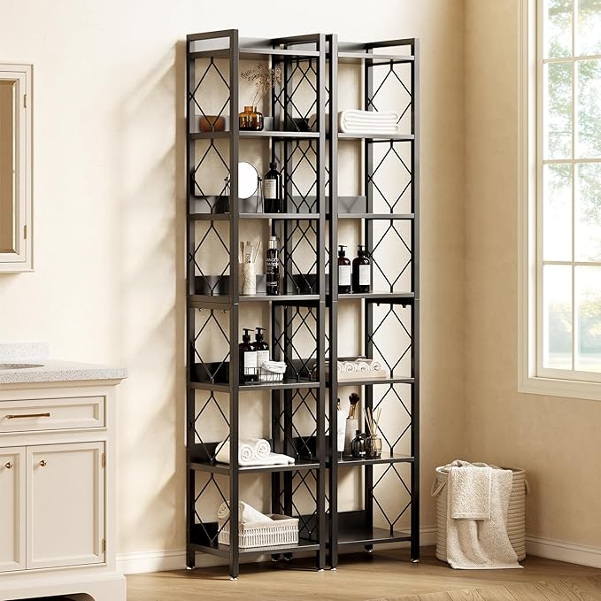 LITTLE TREE Book Shelf Set of 2, 7-Tier Tall Bookcase, Wooden Display Shelves - Image 5