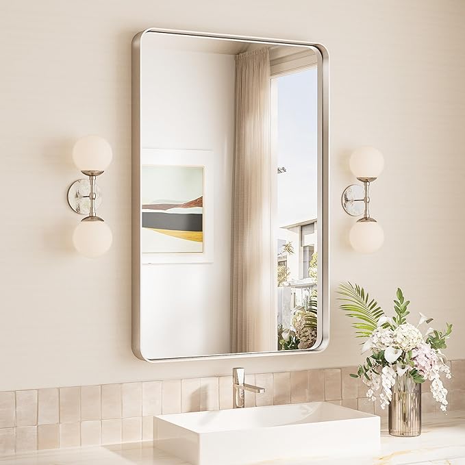 TokeShimi 24x36 Brushed Nickel Bathroom Wall Mirror Vanity Metal Frame Round by RefinedBathroomAccessories