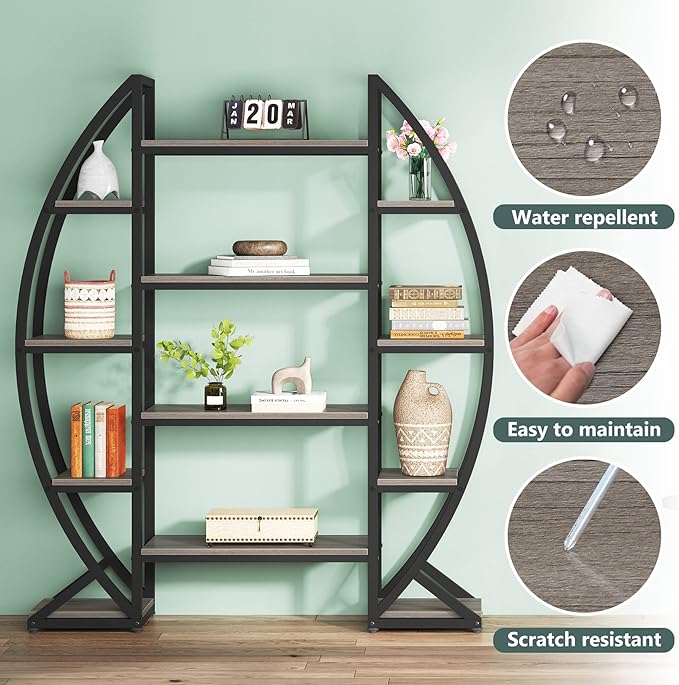 Tribesigns Oval Bookshelf, Triple Wide 5 Tier Etagere Bookcases, Industrial - Image 6