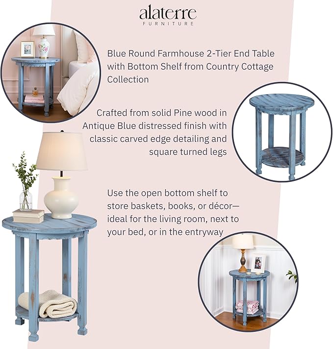 Rustic Cottage Round End Table w/ 1 Shelf - 25 in. W x 20 in. D x 24 in. H - - Image 4