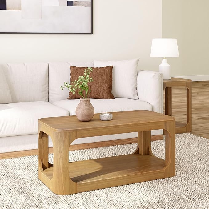 Plank+Beam Small Forma Coffee Table, Solid Wood 40 Inch Modern Coffee Table by PlankBeam