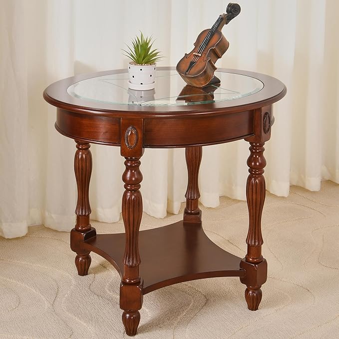 LEEMTORIG Oval Round Glass End Table, 2-Tier Solid Wood Glass Top End Side by LEEMTORIG
