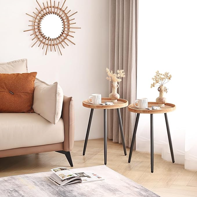LITA 2 Pcs Rattan Log Desktop Round Side End Table, Nightstand/Small Tables - Image 7