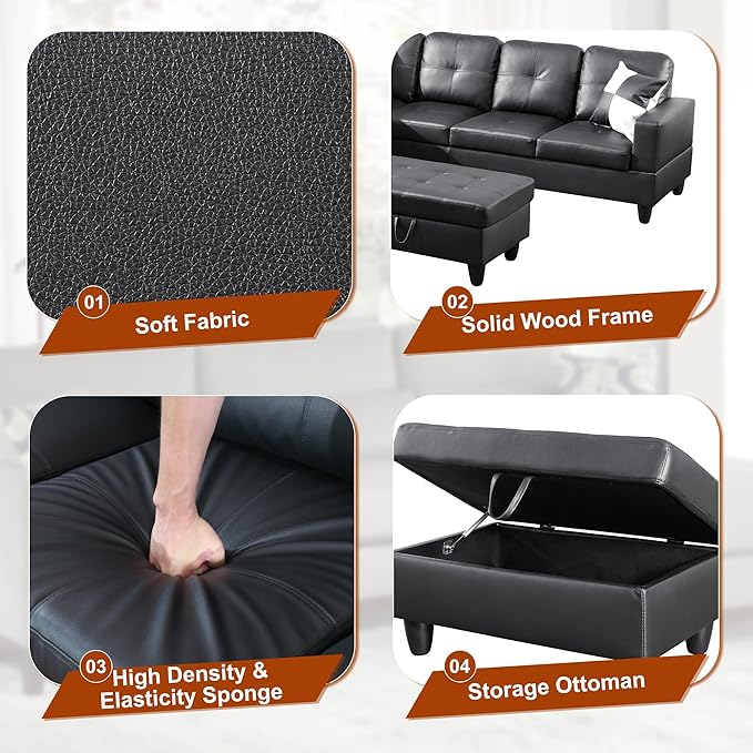 Osparple L Shaped Couch Faux Leather Sectional Couches - Image 5