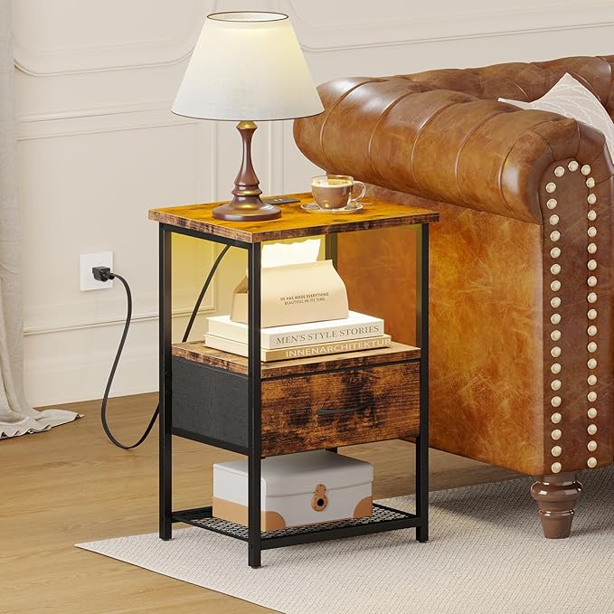 Fixwal Night Stand with Charging Station, LED Nightstand with Fabric Drawers - Image 7