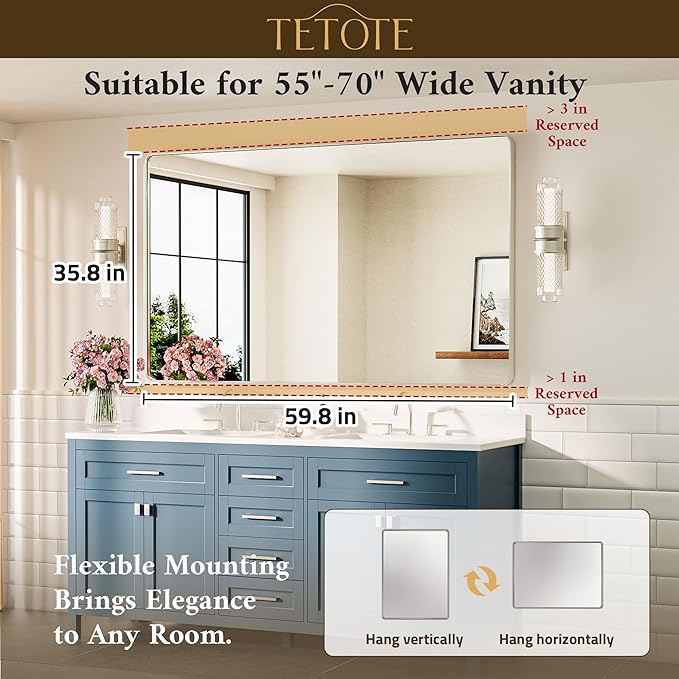 TETOTE 60 x 36 Inch Brushed Nickel Bathroom Mirror Metal Framed Bathroom Mirror - Image 7