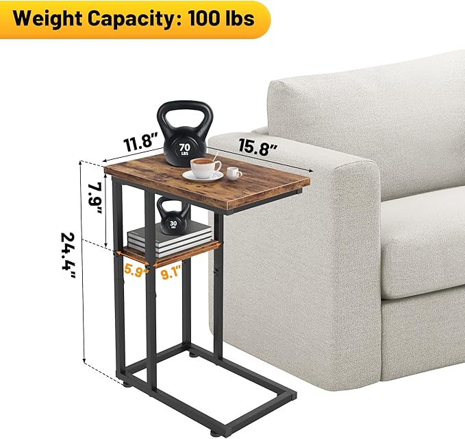 C Shaped End Table with Metal Frame, 2 Tier Sturdy C Table Side Table - Image 3