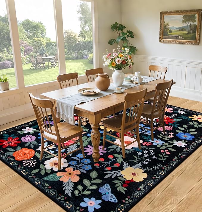 Area Rugs 9x12 Living Room: Floral Washable Rug Vintage Large Soft Boho - Image 4