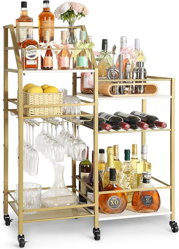 VINAEMO Gold Bar Cart With Wine Glass Holder, Stand by VINAEMO