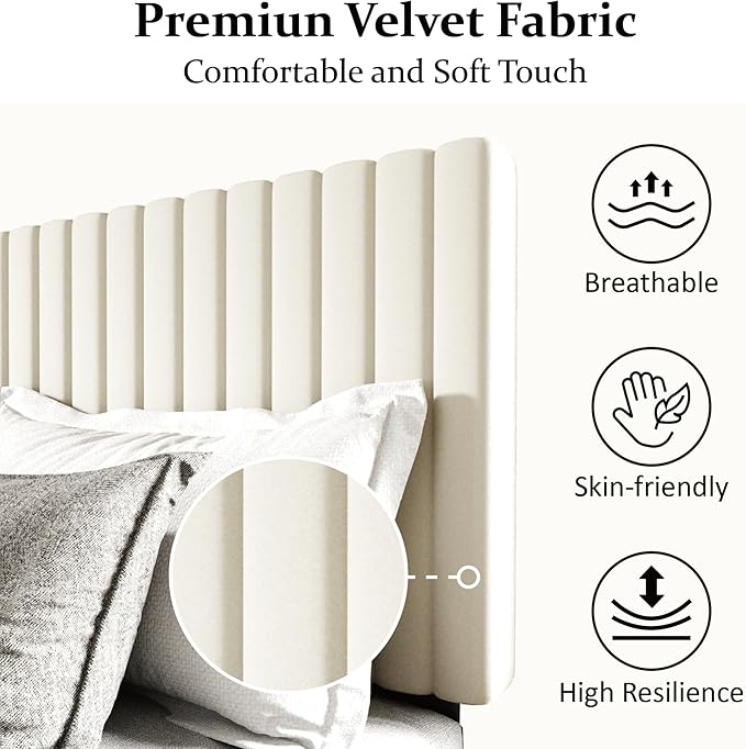 Full Size Bed Frame with Velvet Upholstered Headboard, Platform Bed with Strong - Image 4