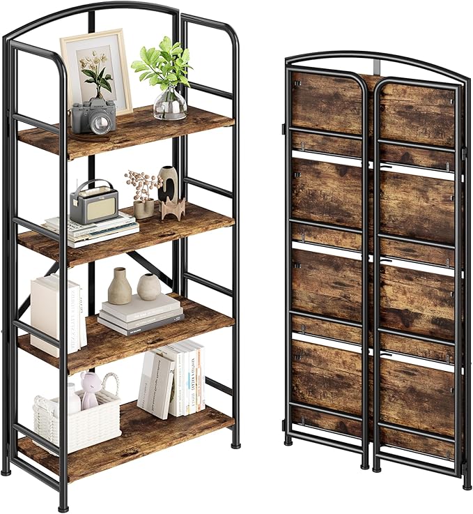 No-Assembly Folding Bookshelf Storage Shelves 4 Tiers Vintage Multifunctional by THKKYHomeOfficeFurniture