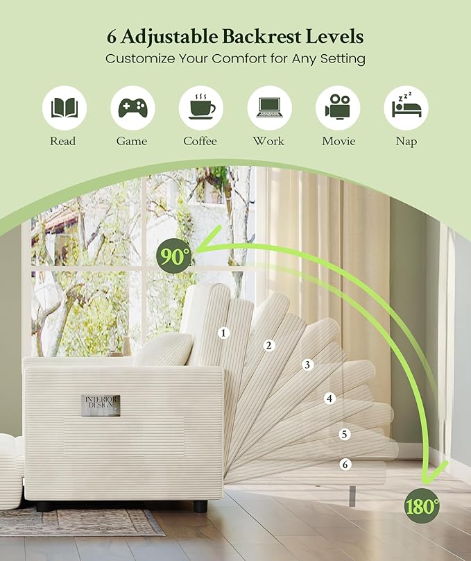 53” Convertible Sofa Bed Couch, Corduroy Couch Bed, 6-Position Loveseat Sleeper - Image 3
