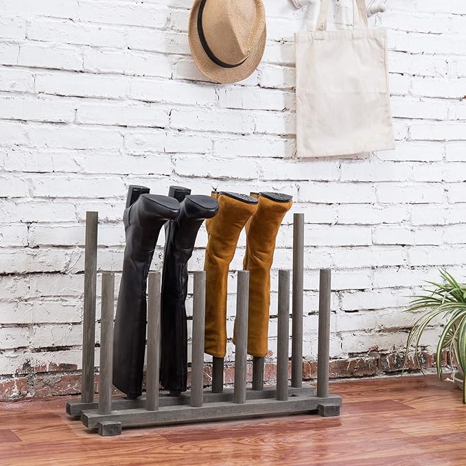 MyGift Vintage Weathered Gray Solid Wood Floor Standing Boot Holder Rack - Image 3
