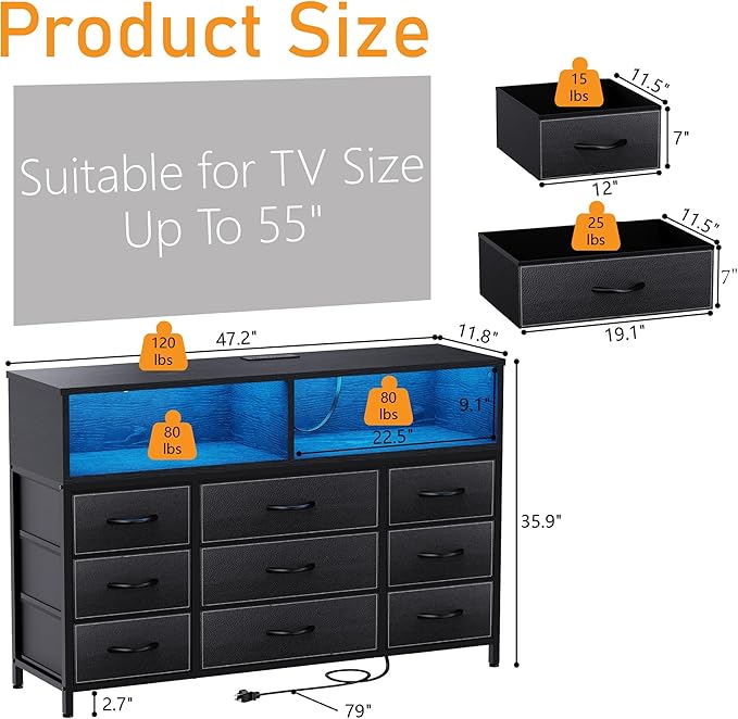 Black Dresser for Bedroom, 9 Drawers Led Dresser TV Stand - Image 2
