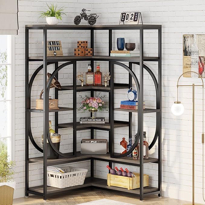LITTLE TREE Large Corner Bookshelf Industrial Bookcase - Image 2
