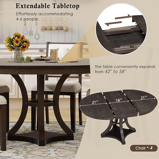 Merax 5-Piece Extendable Round Dining Table Set 42"-58" Retro Functional Table - Image 6