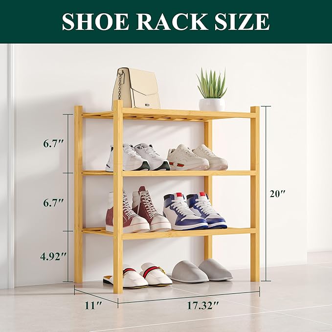 Smiry Shoe Rack, 3 Tier Small Bamboo Shoe Organizer, Stackable Free Standing - Image 2