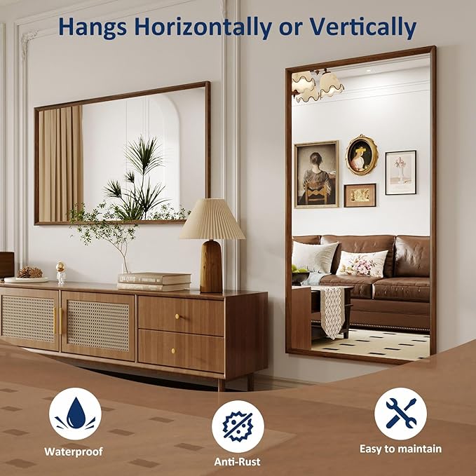 WEER Bathroom Mirror, 40x30 Inch Wall Mirror, Walnut Wood Grain Framed Mirror - Image 5
