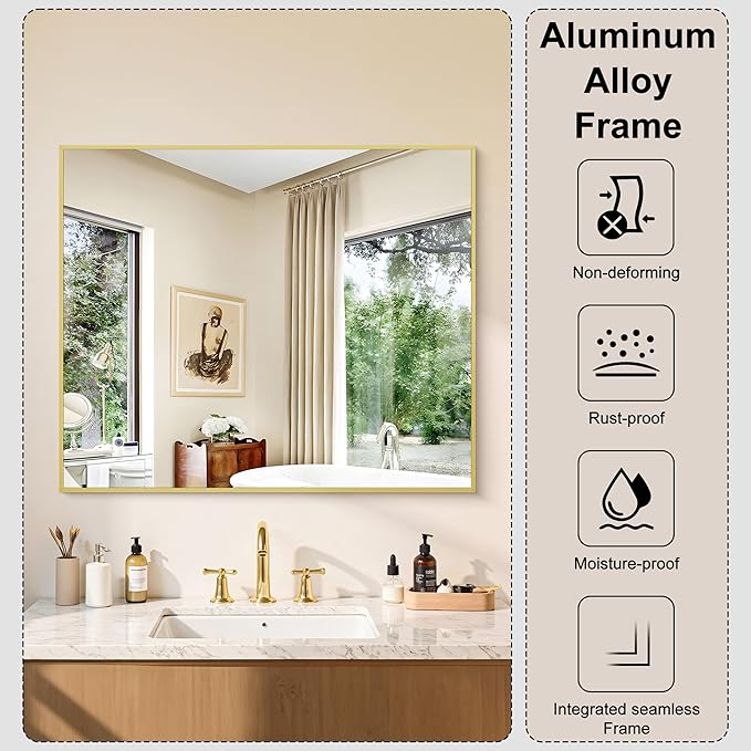 KOCUUY Gold Bathroom Mirror, HD Tempered Glass, Anti-Rust Frame, Modern Design - Image 6