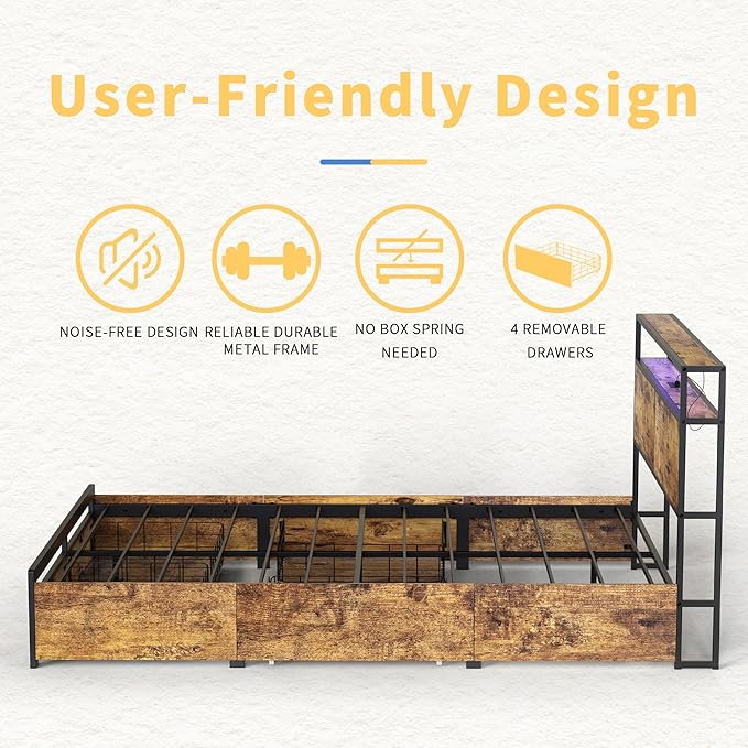 Queen Bed Frame with Storage Headboard and 4 Drawers LED Lights Metal Platform - Image 6