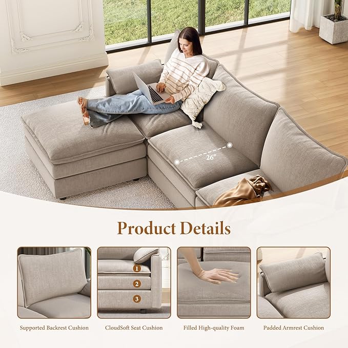Vesgantti 142" Cloud Couch Sectional Modular Sofa, Comfy Sectional Couch - Image 3