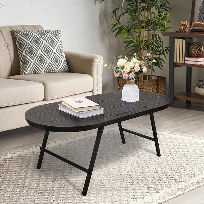 Black Small Coffee Table Wooden Oval Folding Low Coffee Tables - Image 2