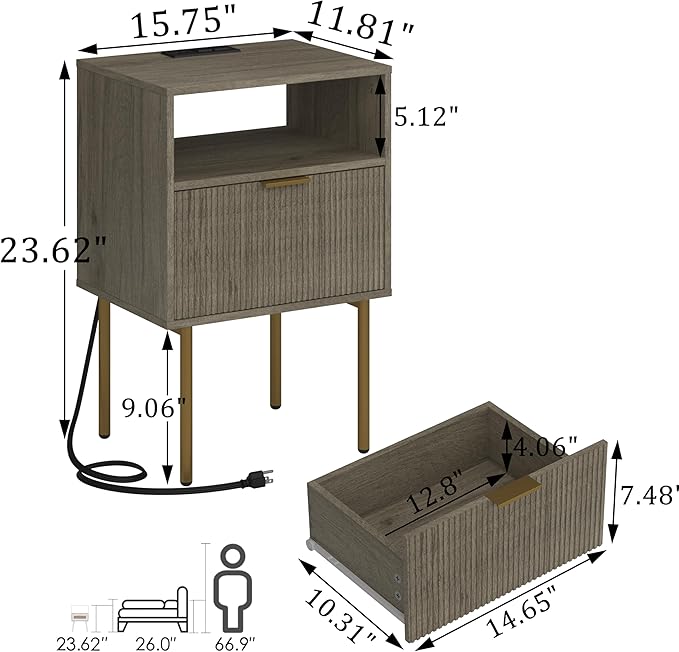 Modern Nightstand with Charging Station and LED Lights, Fluted Side Table - Image 2