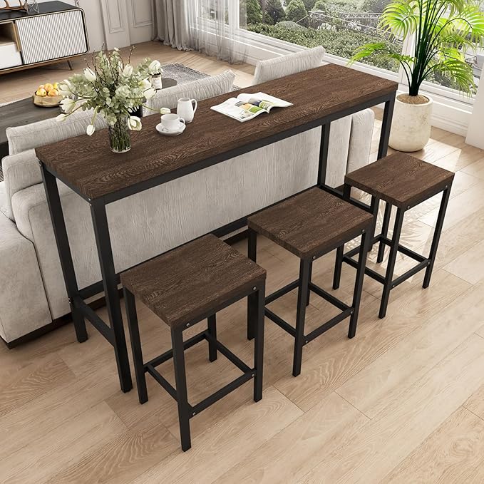 KEIKI 60.24” Long Bar High Top Dining Table and 3 Stools Chairs Set, Wood - Image 3