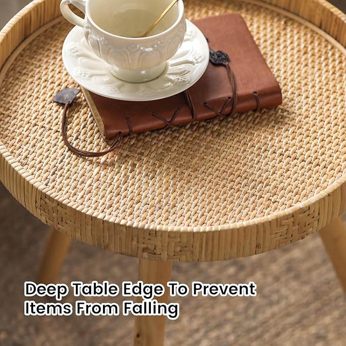 Round Rattan Side Table for Small Spaces, Boho Circle End Table Coffee Table - Image 5