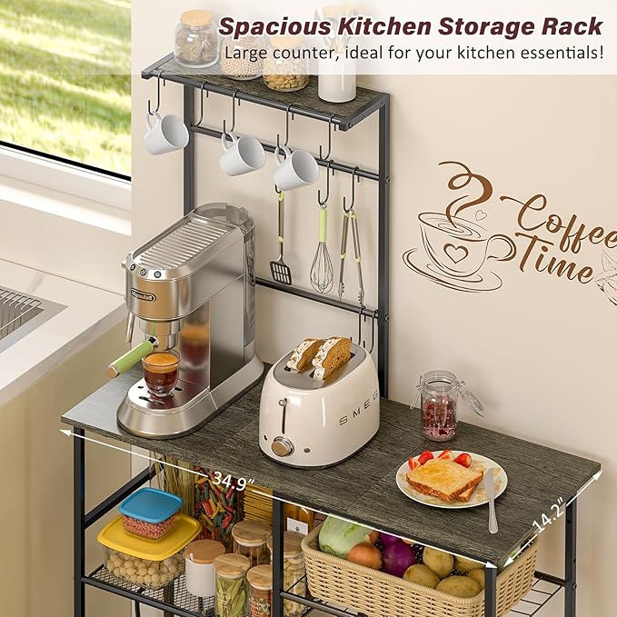 Bakers Rack with Power Outlet, Kitchen Microwave Stand with 10 S-shaped Hooks - Image 5