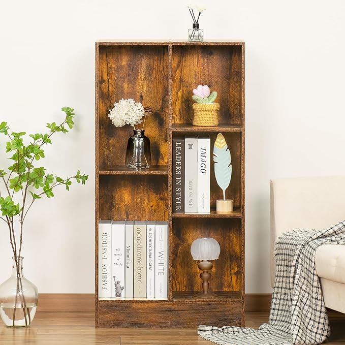 LEYAOYAO 5 Cube Mid-Century Modern Brown Wood Bookcase, 3 Tier Storage - Image 3