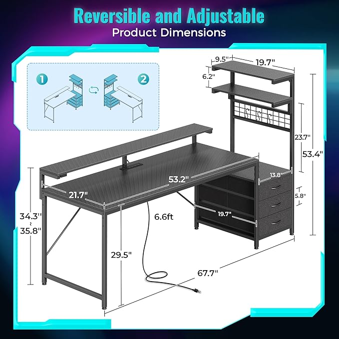 PRAISUN 68" Gaming Desk with LED Lights & Outlets, Computer Desk with 3 Fabric - Image 2
