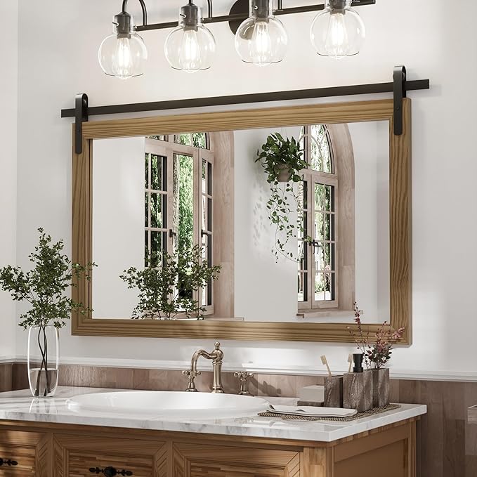 Brown Farmhouse Mirror for Wall, 40x26INCH Large Wood Framed Square Bathroom by PAIHOME