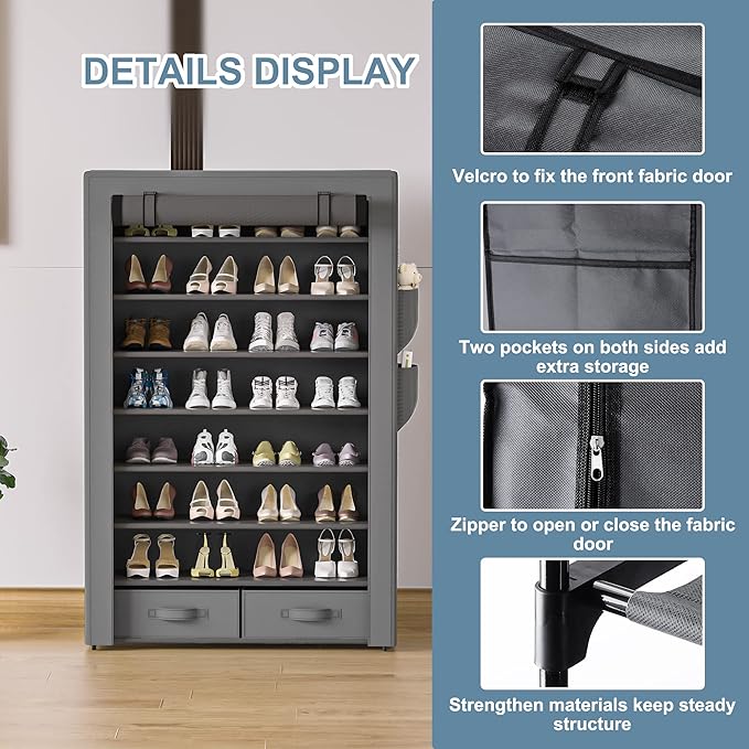 Shoe Rack Storage Cabinet 32 Pairs Organizer Shelf Tall - Image 6