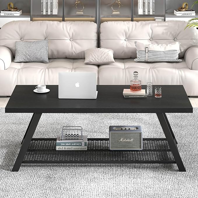 FOLUBAN Black Coffee Table, Modern Rustic Wood and Metal Living Room Table - Image 7