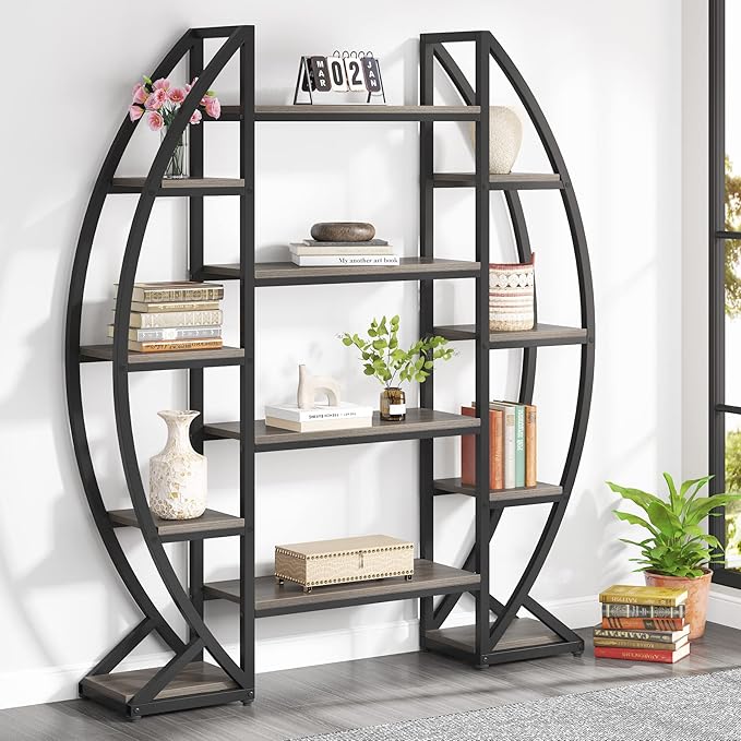 Tribesigns Oval Bookshelf, Triple Wide 5 Tier Etagere Bookcases, Industrial - Image 3