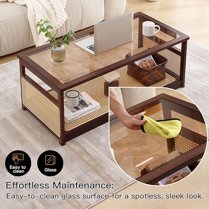 Welnow Rattan Coffee Table for Living Room, Modern 2-Tier Rectangle Center Table - Image 7
