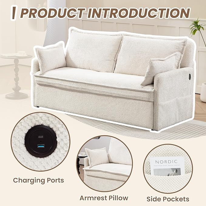Furnimart 59.5" Queen Size Pull Out Sofa Bed, 3 in 1 Convertible Sleeper Bed - Image 6