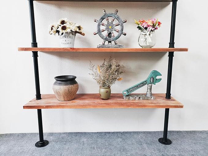 5 Tier Industrial Ladder Shelf Bookcase, Wall Mounted Wood Metal Pipe Rustic - Image 7
