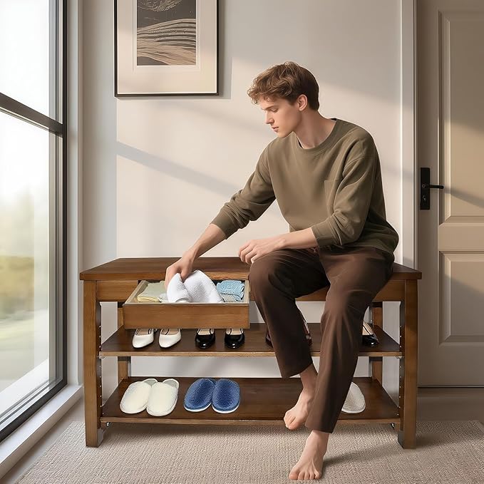 Wood Shoe Bench Entryway with Drawer: 2-Tiers Wooden Storage Shoe Rack with - Image 4
