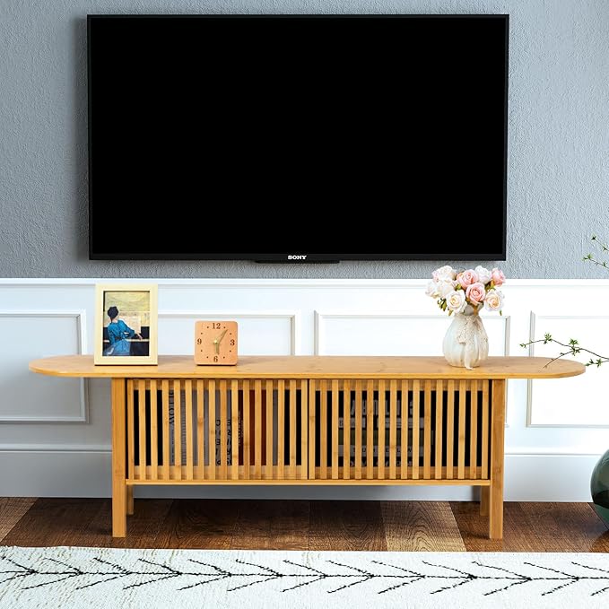HollyHOME Bamboo TV Stand with Storage - Image 3