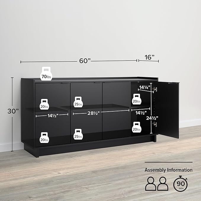 Prepac Simply Modern 4 Door Console Table Storage Cabinet, Buffet Cabinet - Image 2
