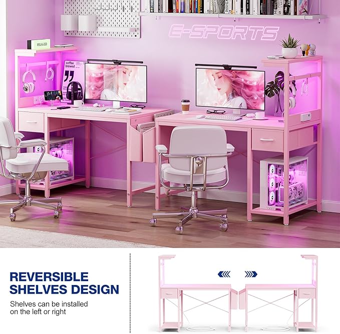 Gaming Desk 47 Inch with Power Outlet and LED Light, Computer Desk with - Image 5