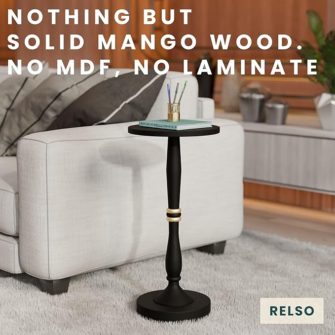 Relso Sceptrum Solid Wood Black Side Table – 24" Tall Round End Table, Narrow - Image 4