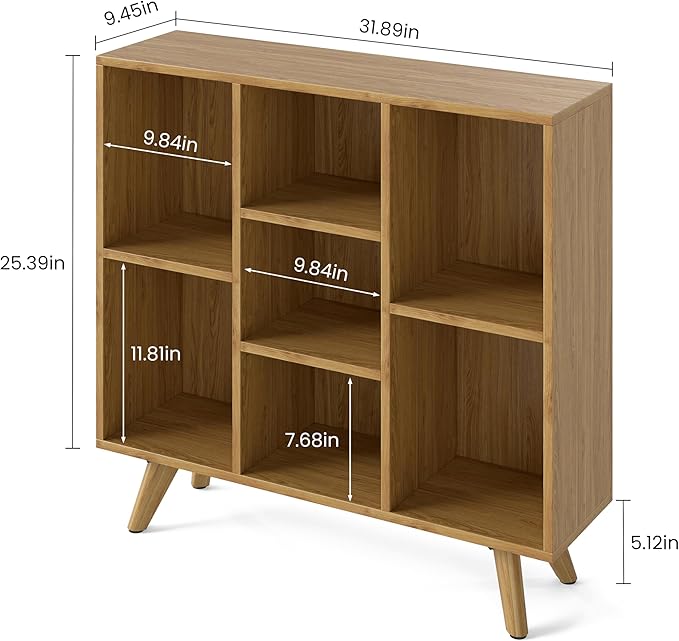 Manora Bookshelf with 7 Open Storage Cubes, Wooden Bookcase Organizer, Rustic - Image 3