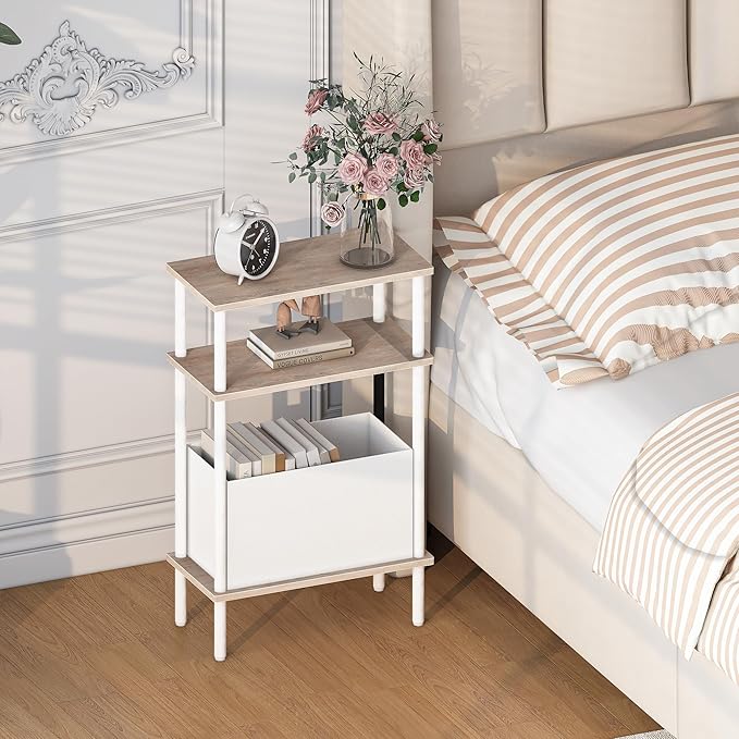 Narrow Side Table with Fabric Basket, Slim Nightstand with 3-Tier Storage Shelf - Image 2