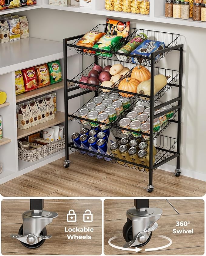 25.2''W Kitchen Storage Cart, Rolling Snack Cart, 4 Tier Fruit Basket Stand - Image 3