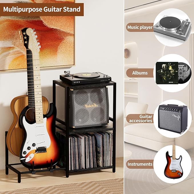 End Table with Guitar Stand, Record Player Stand, Vinyl Records Storage - Image 4